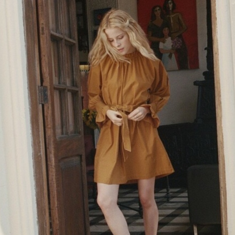 Doen Miro Mini Gathered Prairie Dress in Golden Hour - NWT size XS Velvet Belt